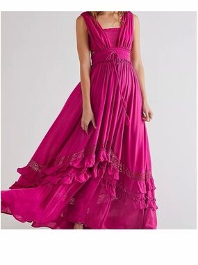 NWT Free People Santa Maria Fuchsia Tiered Maxi Dress Smocked Waist/ Tassel Med